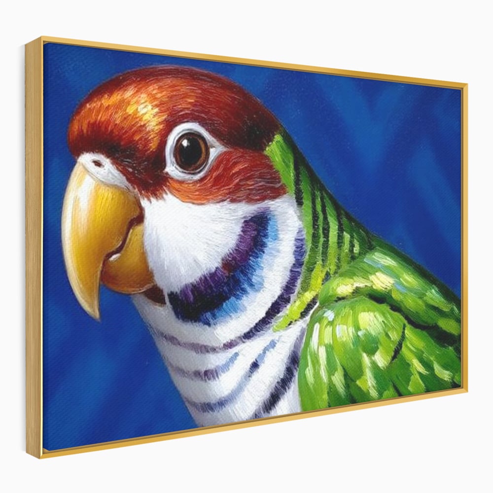Tablou canvas cu pictura cu cap de papagal colorat, in rama de aluminiu auriu